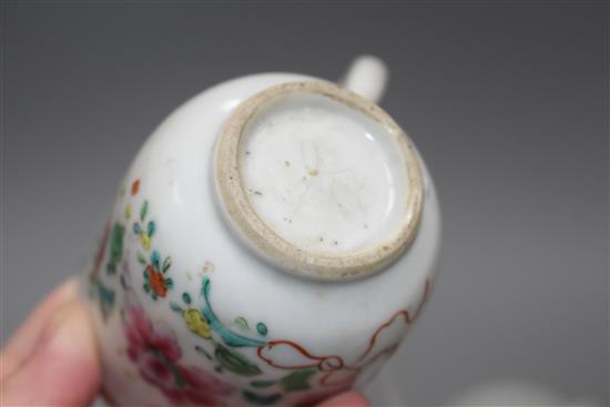 Four 18th century Chinese famille rose polychrome coffee cups, Qianlong period, and a blue and white saucer dish, 11.5cm